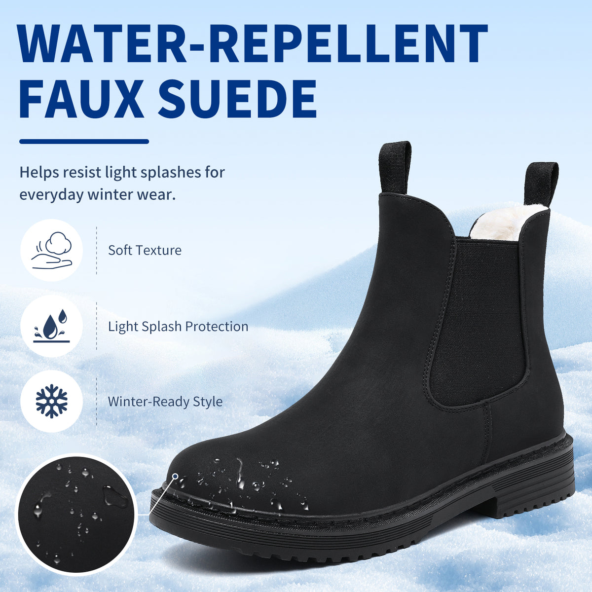 Women’s Chelsea Boots Winter Ankle Boots Faux Fur Lined Slip On Booties with Removable Warm Insole and Non Slip Rubber Lug Sole