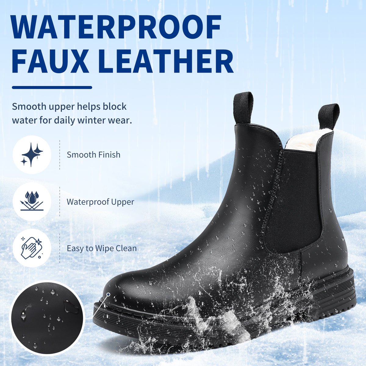 Women’s Chelsea Boots Winter Ankle Boots Faux Fur Lined Slip On Booties with Removable Warm Insole and Non Slip Rubber Lug Sole