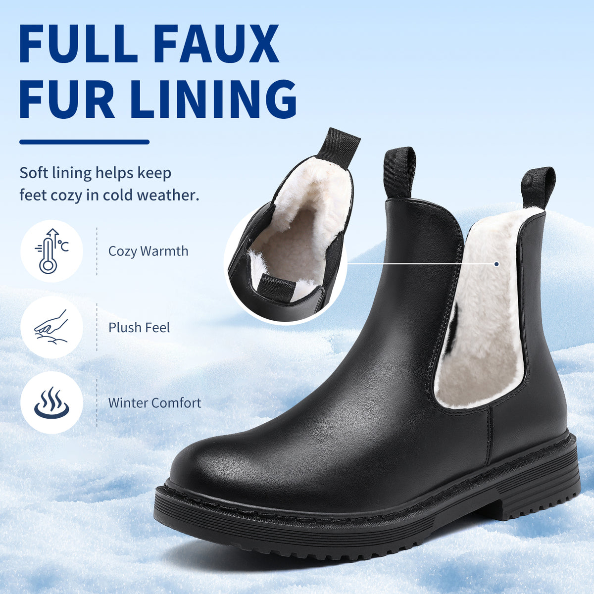 Women’s Chelsea Boots Winter Ankle Boots Faux Fur Lined Slip On Booties with Removable Warm Insole and Non Slip Rubber Lug Sole