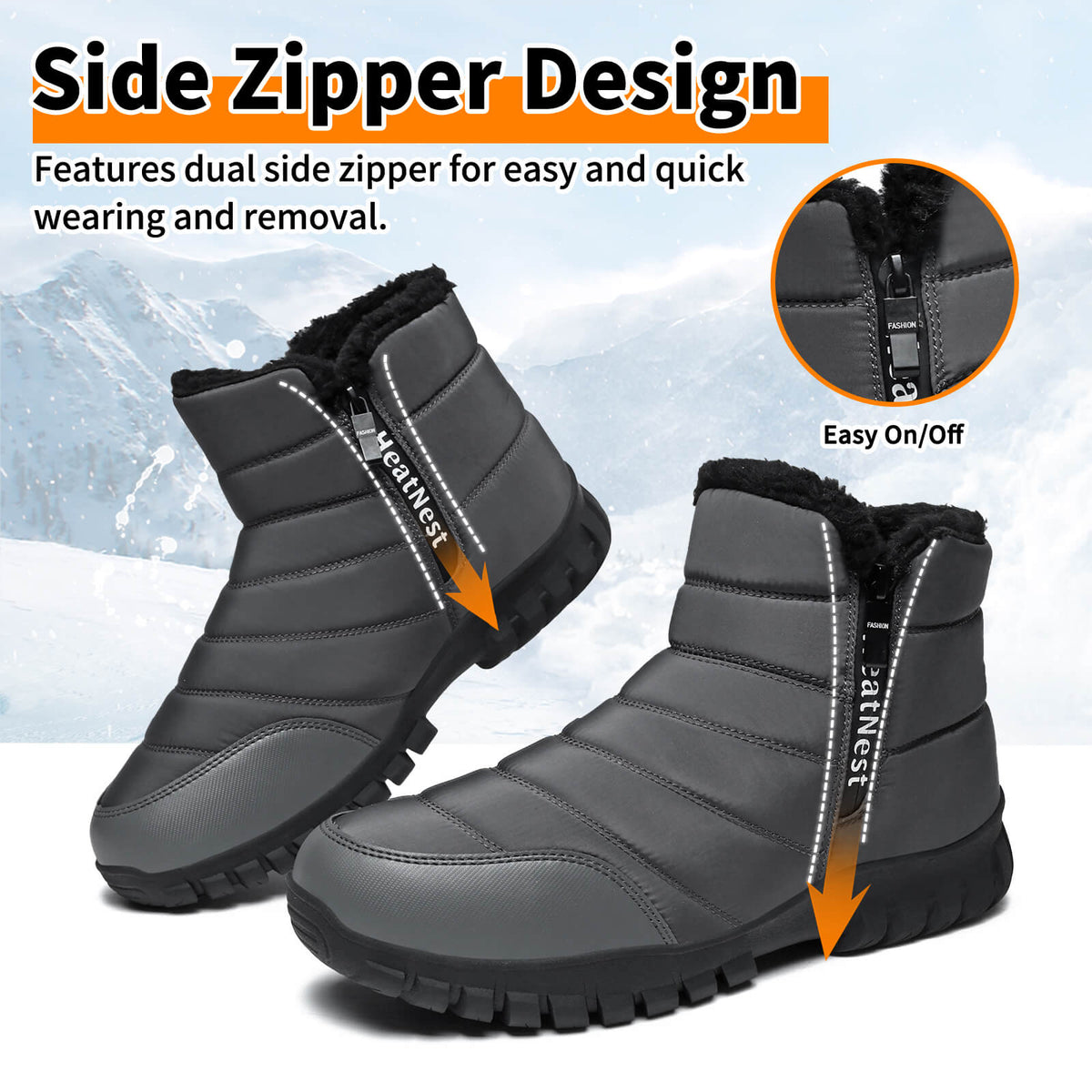 Mens Winter Snow Boots Waterproof Faux Fur Lined Ankle Boots with Side Zipper Non Slip Rubber Sole Warm Outdoor Walking Boots