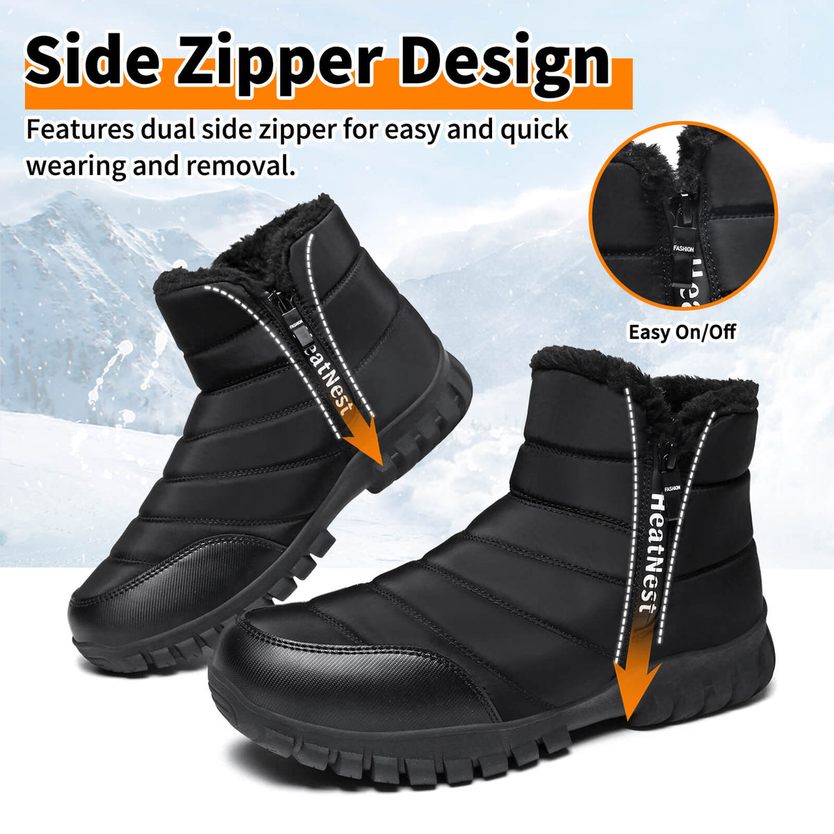 Mens Winter Snow Boots Waterproof Faux Fur Lined Ankle Boots with Side Zipper Non Slip Rubber Sole Warm Outdoor Walking Boots