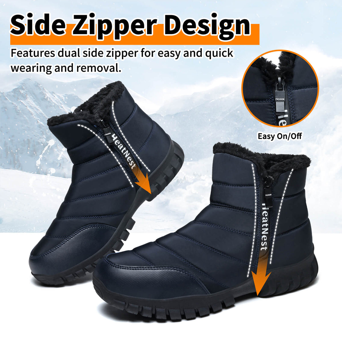 Mens Winter Snow Boots Waterproof Faux Fur Lined Ankle Boots with Side Zipper Non Slip Rubber Sole Warm Outdoor Walking Boots