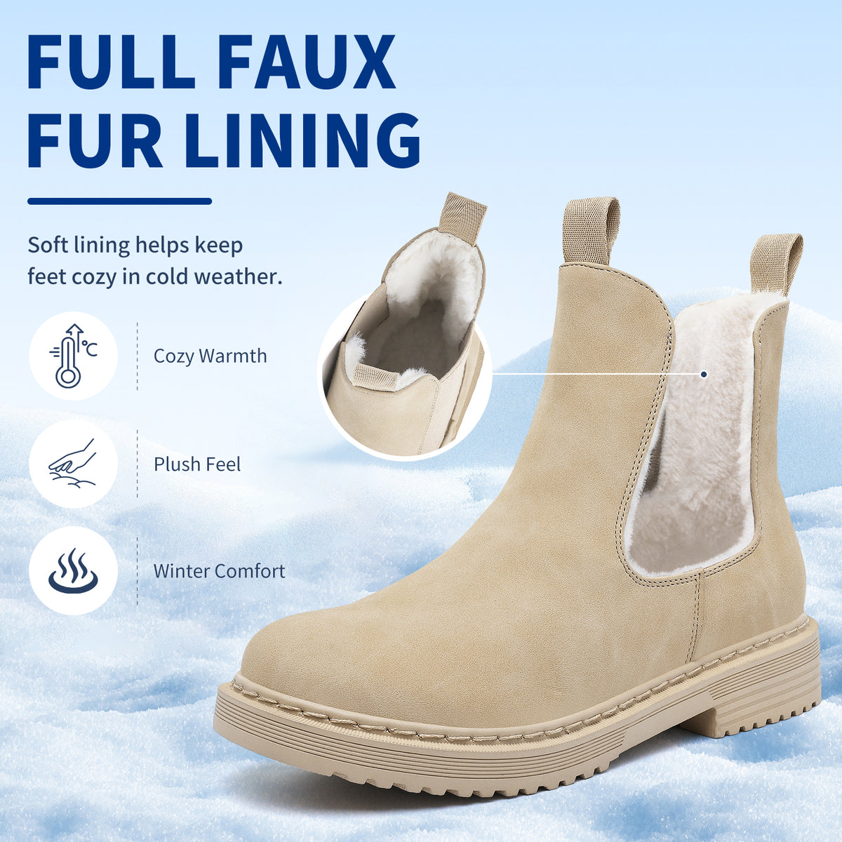 Women’s Chelsea Boots Winter Ankle Boots Faux Fur Lined Slip On Booties with Removable Warm Insole and Non Slip Rubber Lug Sole