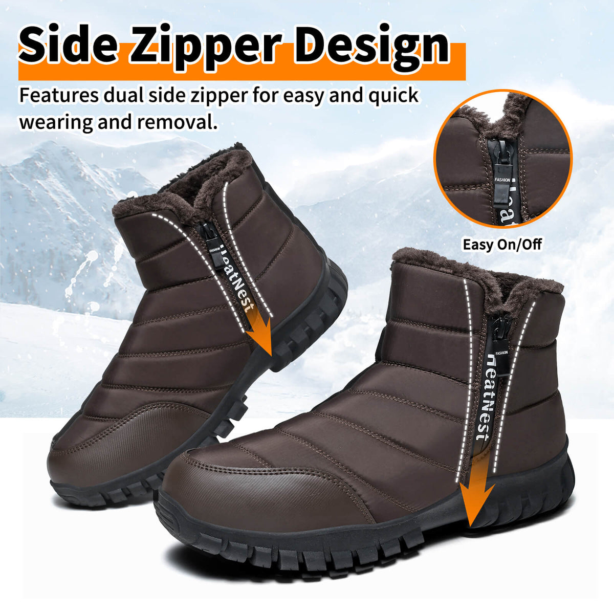 Mens Winter Snow Boots Waterproof Faux Fur Lined Ankle Boots with Side Zipper Non Slip Rubber Sole Warm Outdoor Walking Boots