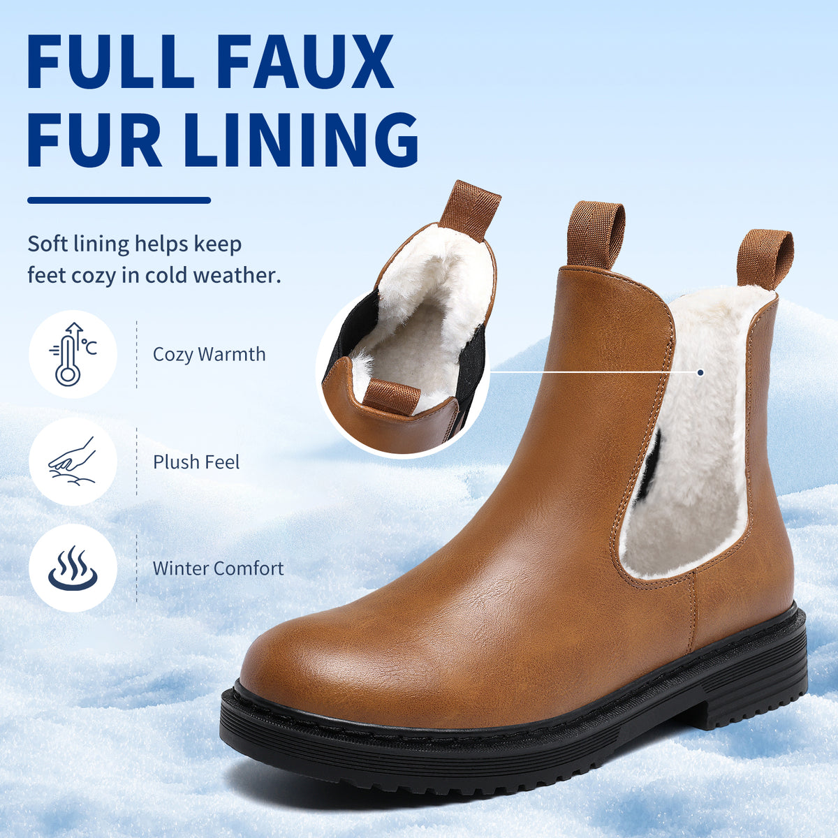 Women’s Chelsea Boots Winter Ankle Boots Faux Fur Lined Slip On Booties with Removable Warm Insole and Non Slip Rubber Lug Sole