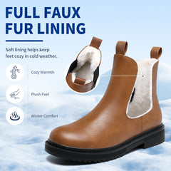 Women’s Chelsea Boots Winter Ankle Boots Faux Fur Lined Slip On Booties with Removable Warm Insole and Non Slip Rubber Lug Sole