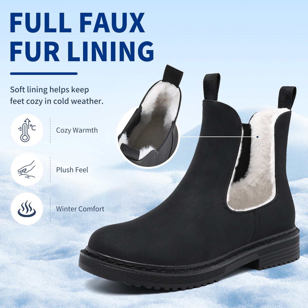 Women’s Chelsea Boots Winter Ankle Boots Faux Fur Lined Slip On Booties with Removable Warm Insole and Non Slip Rubber Lug Sole