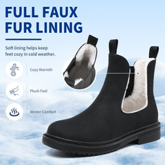Women’s Chelsea Boots Winter Ankle Boots Faux Fur Lined Slip On Booties with Removable Warm Insole and Non Slip Rubber Lug Sole