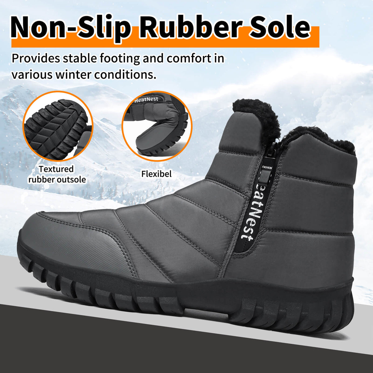 Mens Winter Snow Boots Waterproof Faux Fur Lined Ankle Boots with Side Zipper Non Slip Rubber Sole Warm Outdoor Walking Boots