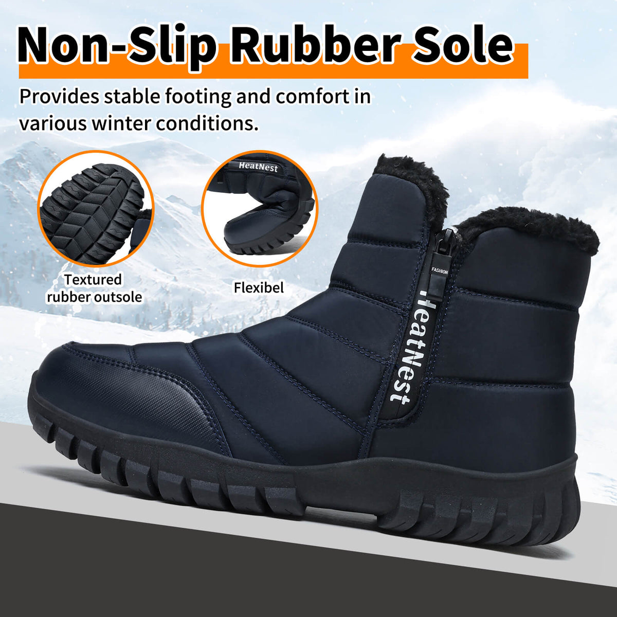 Mens Winter Snow Boots Waterproof Faux Fur Lined Ankle Boots with Side Zipper Non Slip Rubber Sole Warm Outdoor Walking Boots
