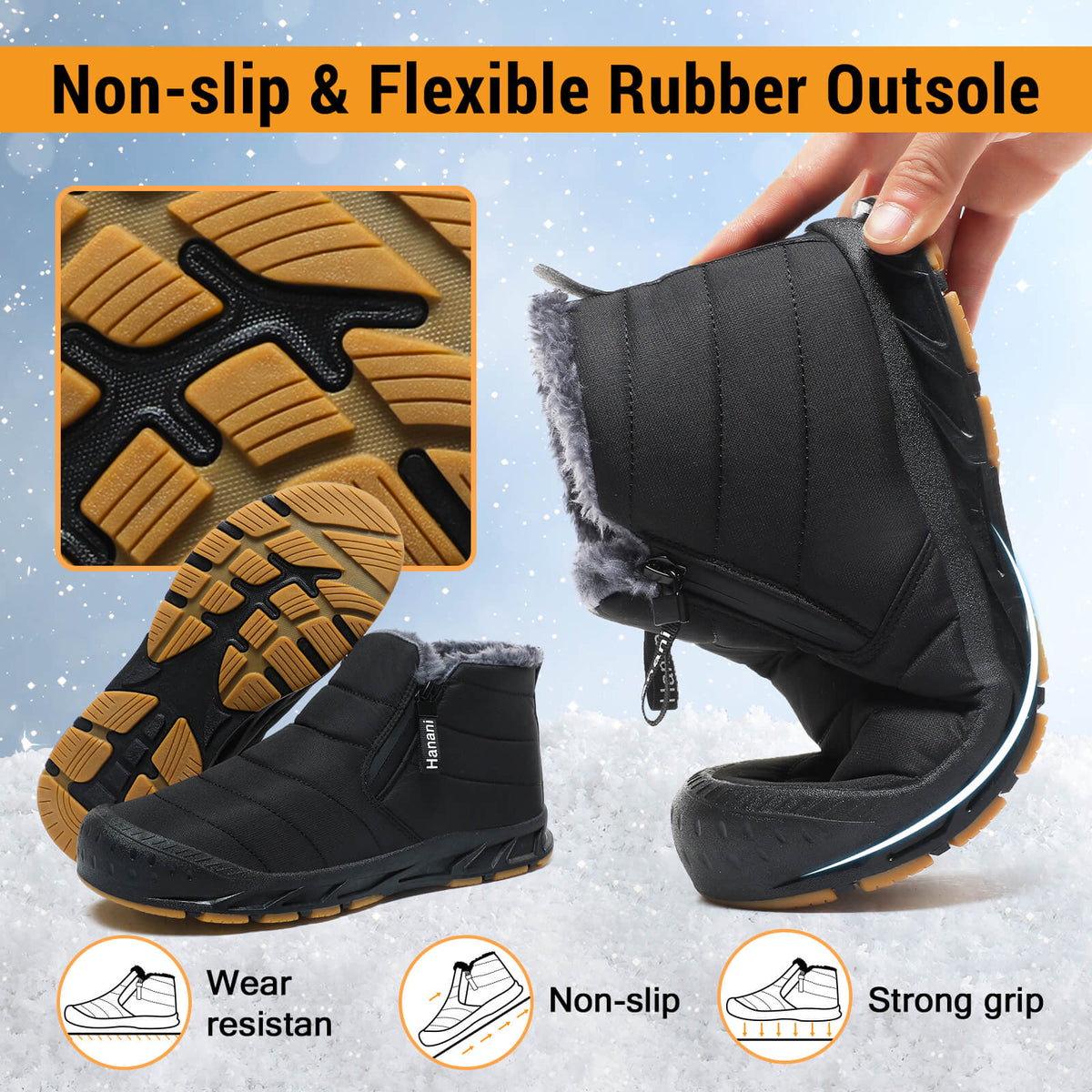 Snow Boots Mens Waterproof Winter Boots Fur Lined Warm Ankle Boots Zipper Closure Slip on Outdoor Boot Comfortable Walking Shoes