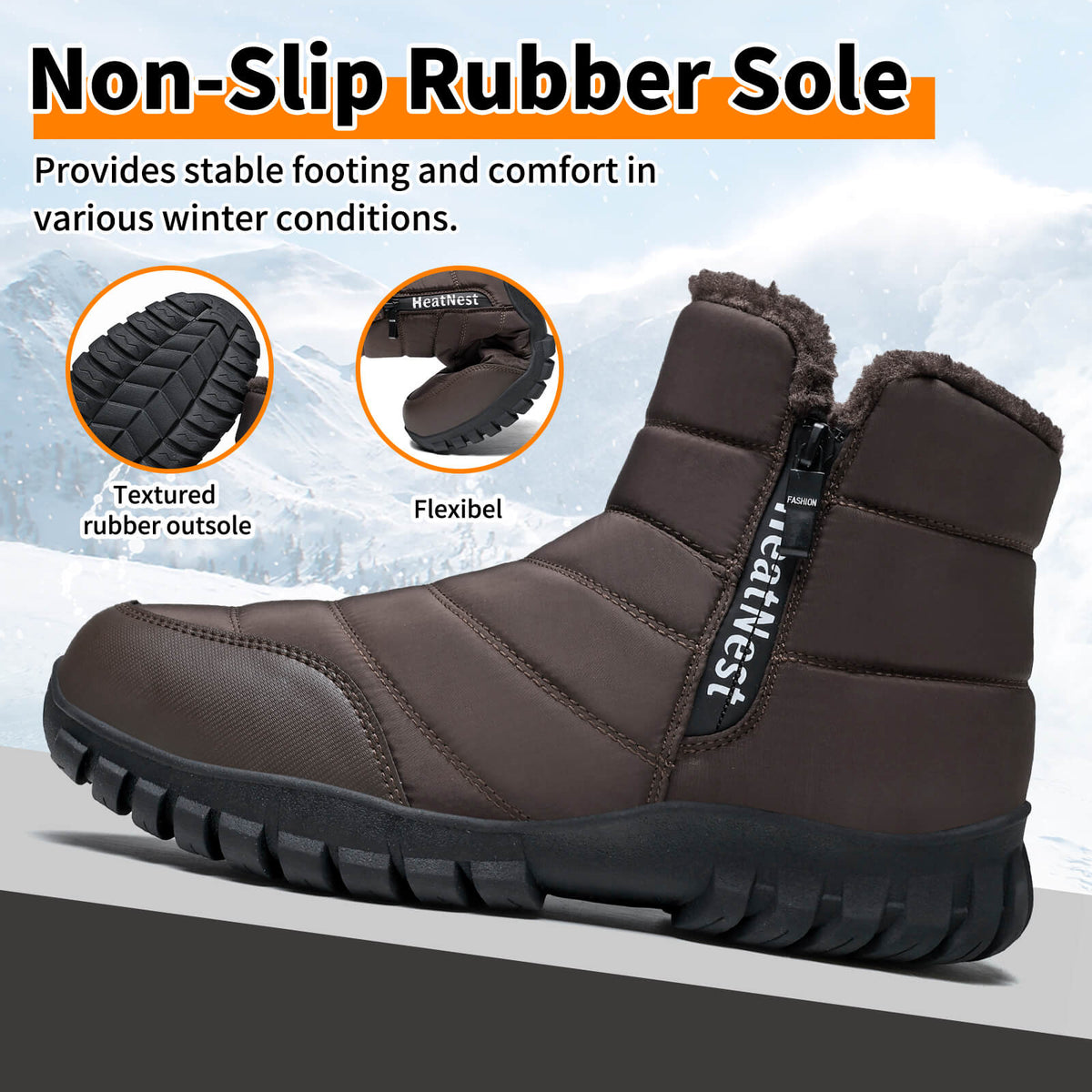 Mens Winter Snow Boots Waterproof Faux Fur Lined Ankle Boots with Side Zipper Non Slip Rubber Sole Warm Outdoor Walking Boots
