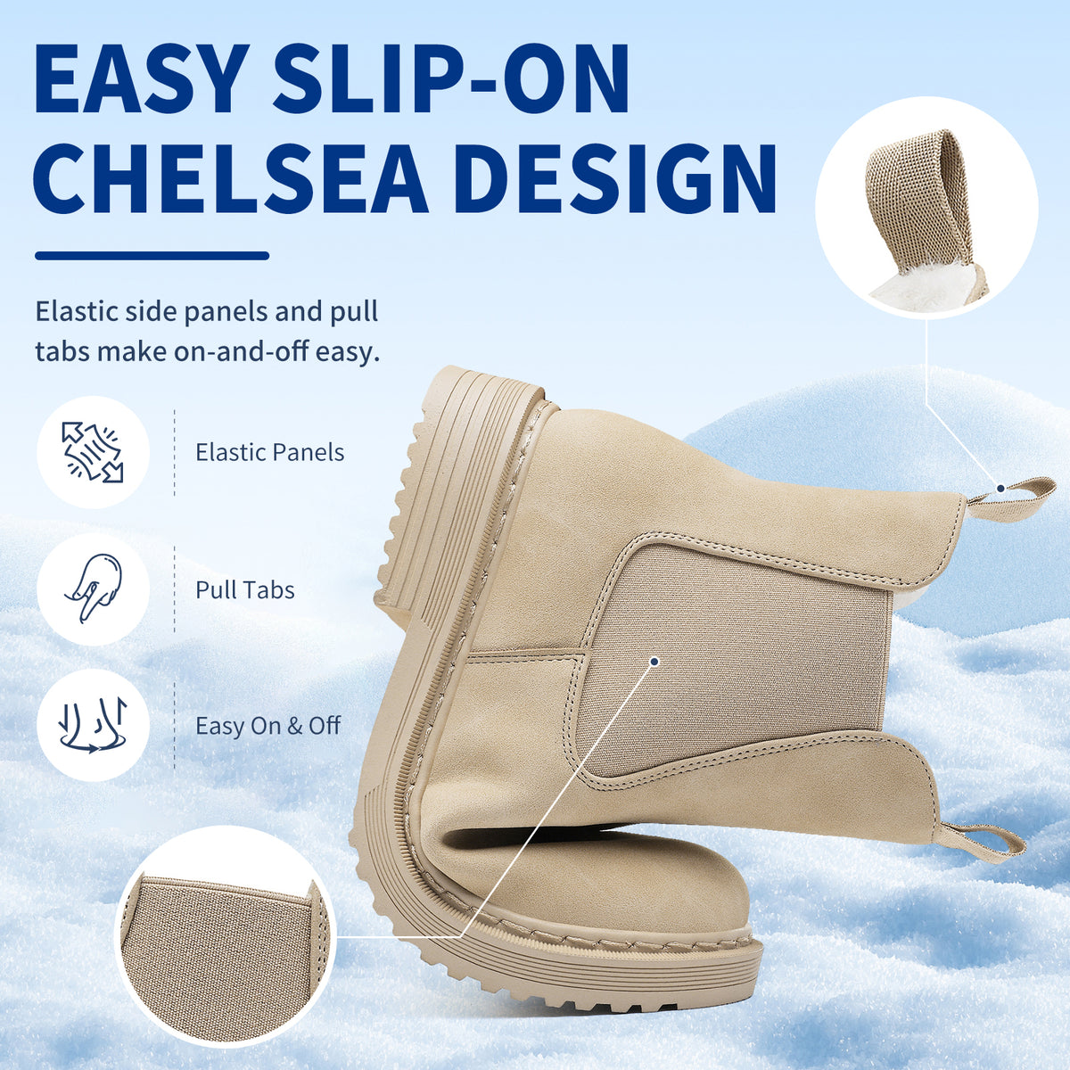 Women’s Chelsea Boots Winter Ankle Boots Faux Fur Lined Slip On Booties with Removable Warm Insole and Non Slip Rubber Lug Sole