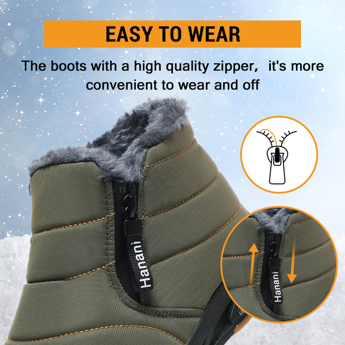 Snow Boots Mens Waterproof Winter Boots Fur Lined Warm Ankle Boots Zipper Closure Slip on Outdoor Boot Comfortable Walking Shoes