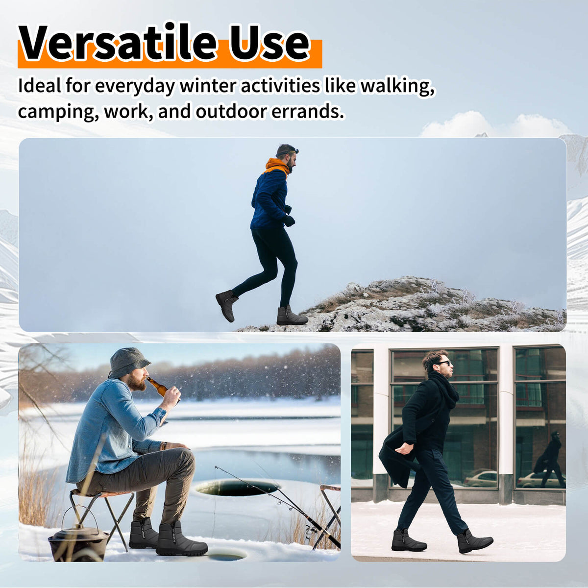 Mens Winter Snow Boots Waterproof Faux Fur Lined Ankle Boots with Side Zipper Non Slip Rubber Sole Warm Outdoor Walking Boots