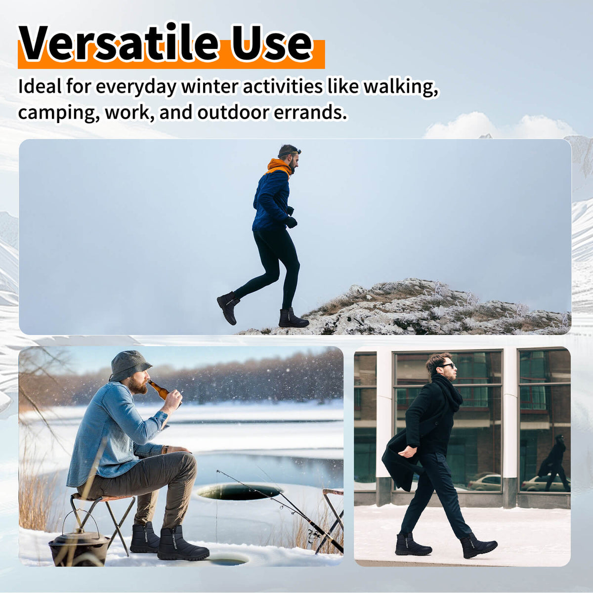 Mens Winter Snow Boots Waterproof Faux Fur Lined Ankle Boots with Side Zipper Non Slip Rubber Sole Warm Outdoor Walking Boots