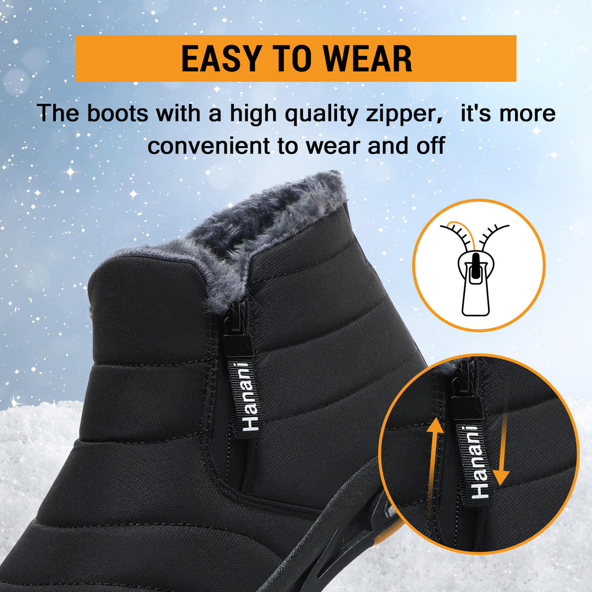 Snow Boots Mens Waterproof Winter Boots Fur Lined Warm Ankle Boots Zipper Closure Slip on Outdoor Boot Comfortable Walking Shoes