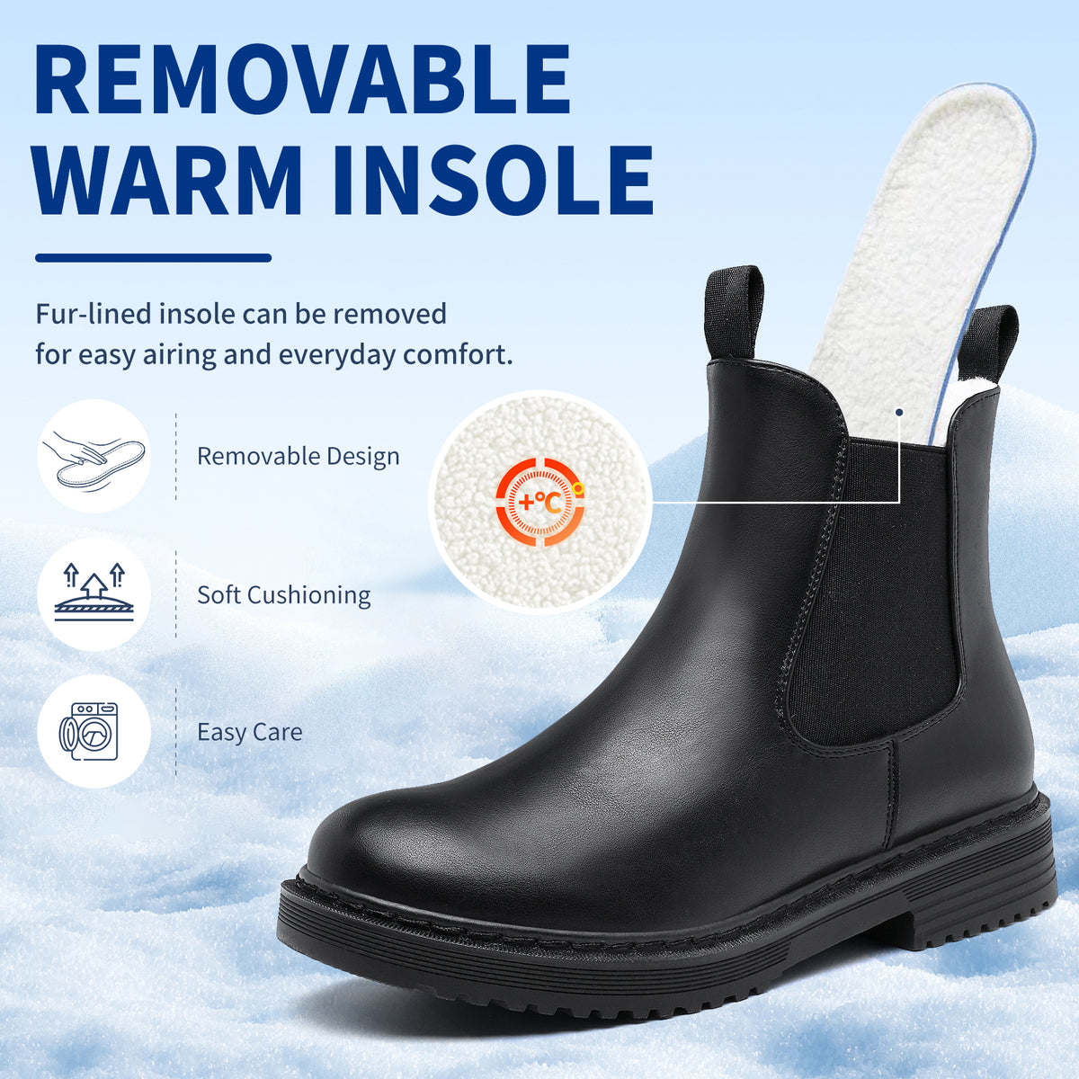 Women’s Chelsea Boots Winter Ankle Boots Faux Fur Lined Slip On Booties with Removable Warm Insole and Non Slip Rubber Lug Sole