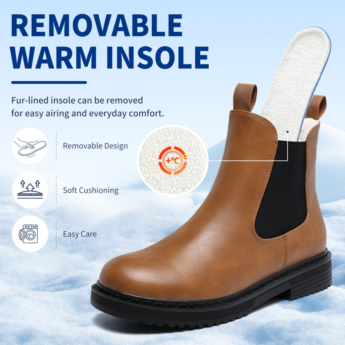 Women’s Chelsea Boots Winter Ankle Boots Faux Fur Lined Slip On Booties with Removable Warm Insole and Non Slip Rubber Lug Sole