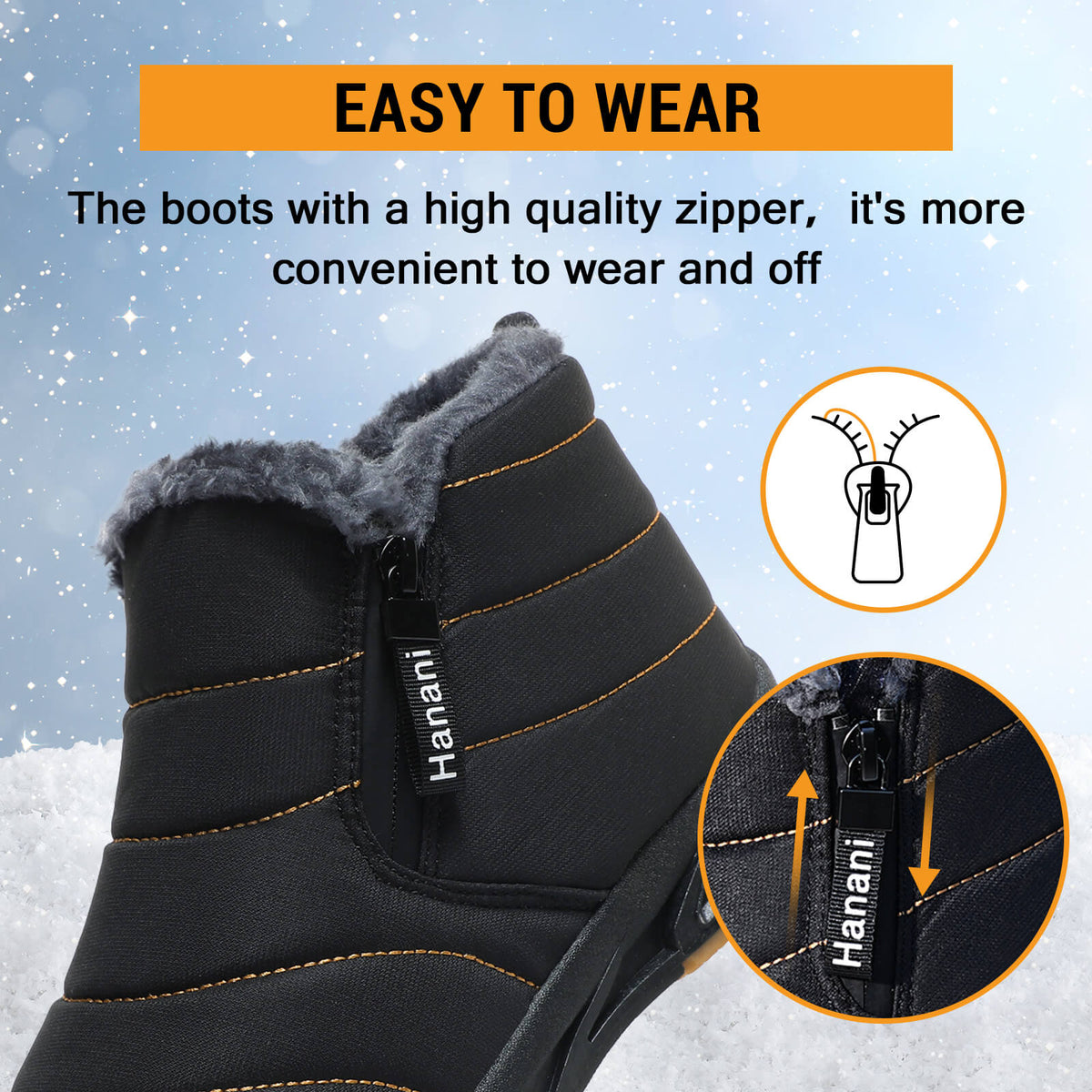 Snow Boots Mens Waterproof Winter Boots Fur Lined Warm Ankle Boots Zipper Closure Slip on Outdoor Boot Comfortable Walking Shoes