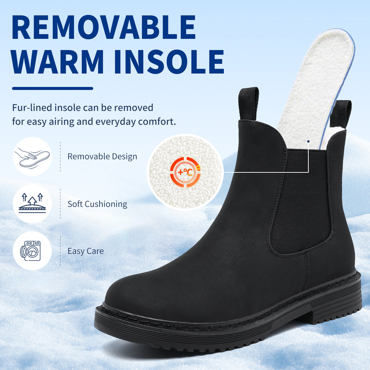 Women’s Chelsea Boots Winter Ankle Boots Faux Fur Lined Slip On Booties with Removable Warm Insole and Non Slip Rubber Lug Sole