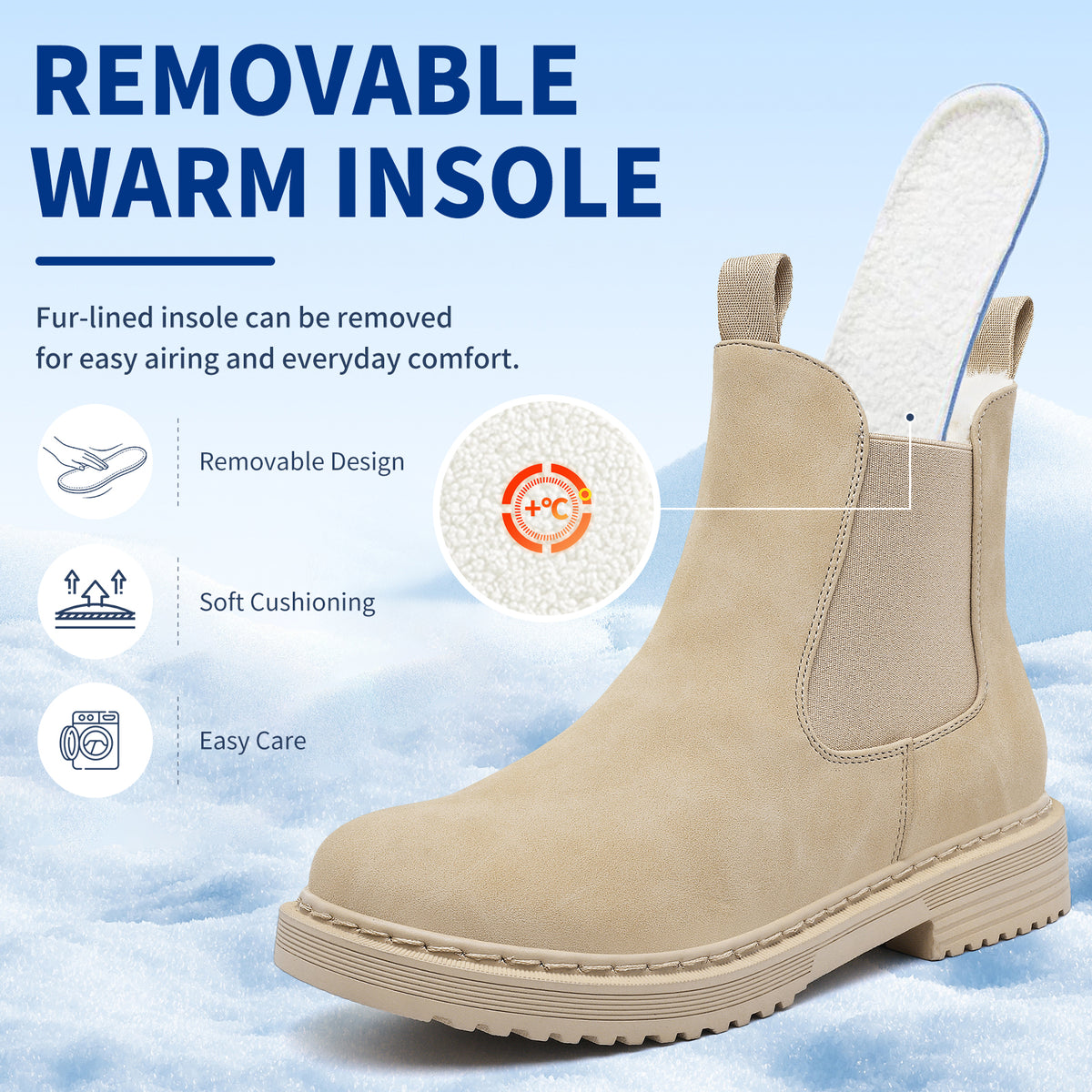 Women’s Chelsea Boots Winter Ankle Boots Faux Fur Lined Slip On Booties with Removable Warm Insole and Non Slip Rubber Lug Sole