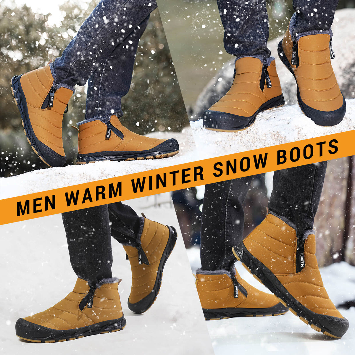 Snow Boots Mens Waterproof Winter Boots Fur Lined Warm Ankle Boots Zipper Closure Slip on Outdoor Boot Comfortable Walking Shoes