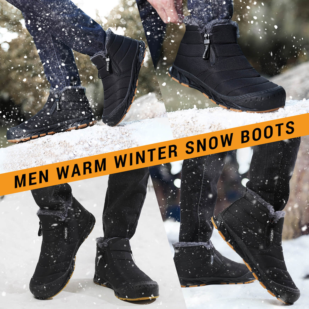 Snow Boots Mens Waterproof Winter Boots Fur Lined Warm Ankle Boots Zipper Closure Slip on Outdoor Boot Comfortable Walking Shoes