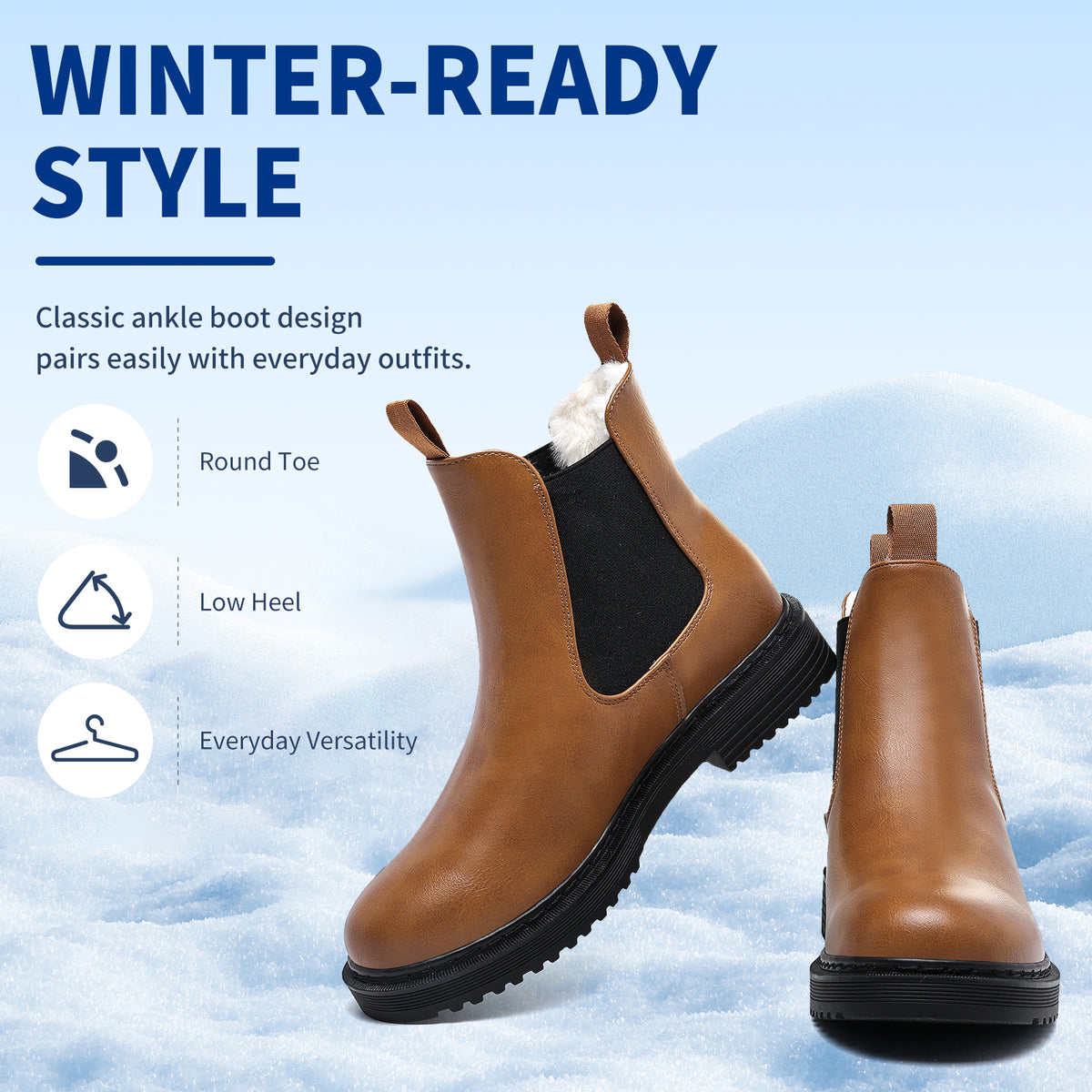 Women’s Chelsea Boots Winter Ankle Boots Faux Fur Lined Slip On Booties with Removable Warm Insole and Non Slip Rubber Lug Sole