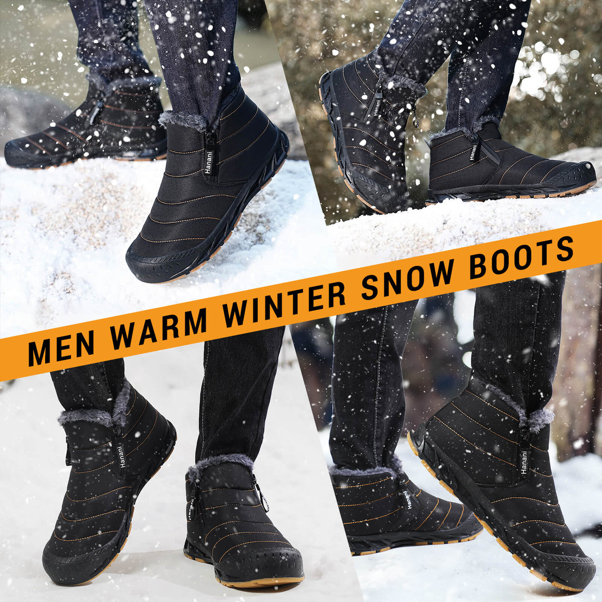 Snow Boots Mens Waterproof Winter Boots Fur Lined Warm Ankle Boots Zipper Closure Slip on Outdoor Boot Comfortable Walking Shoes