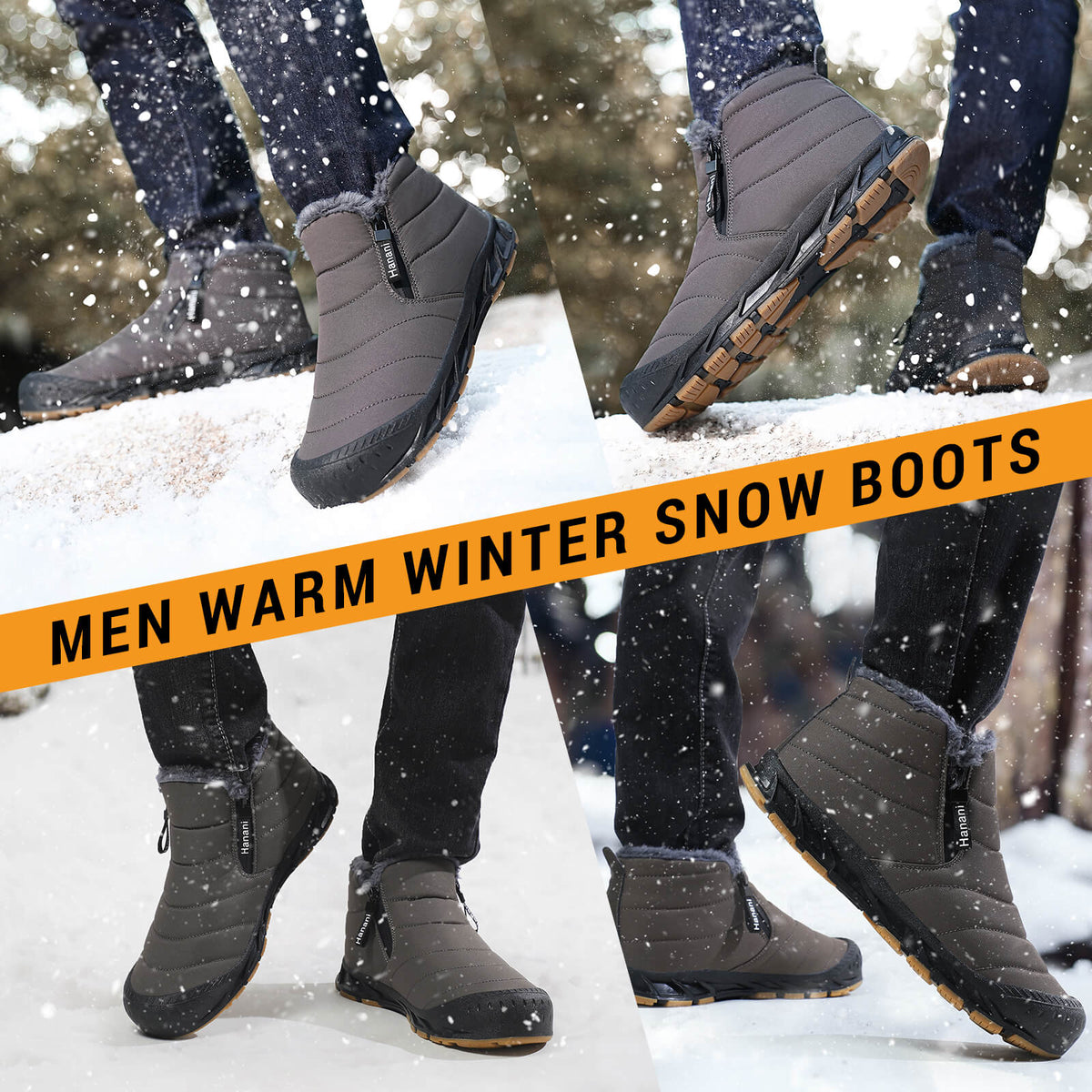 Snow Boots Mens Waterproof Winter Boots Fur Lined Warm Ankle Boots Zipper Closure Slip on Outdoor Boot Comfortable Walking Shoes