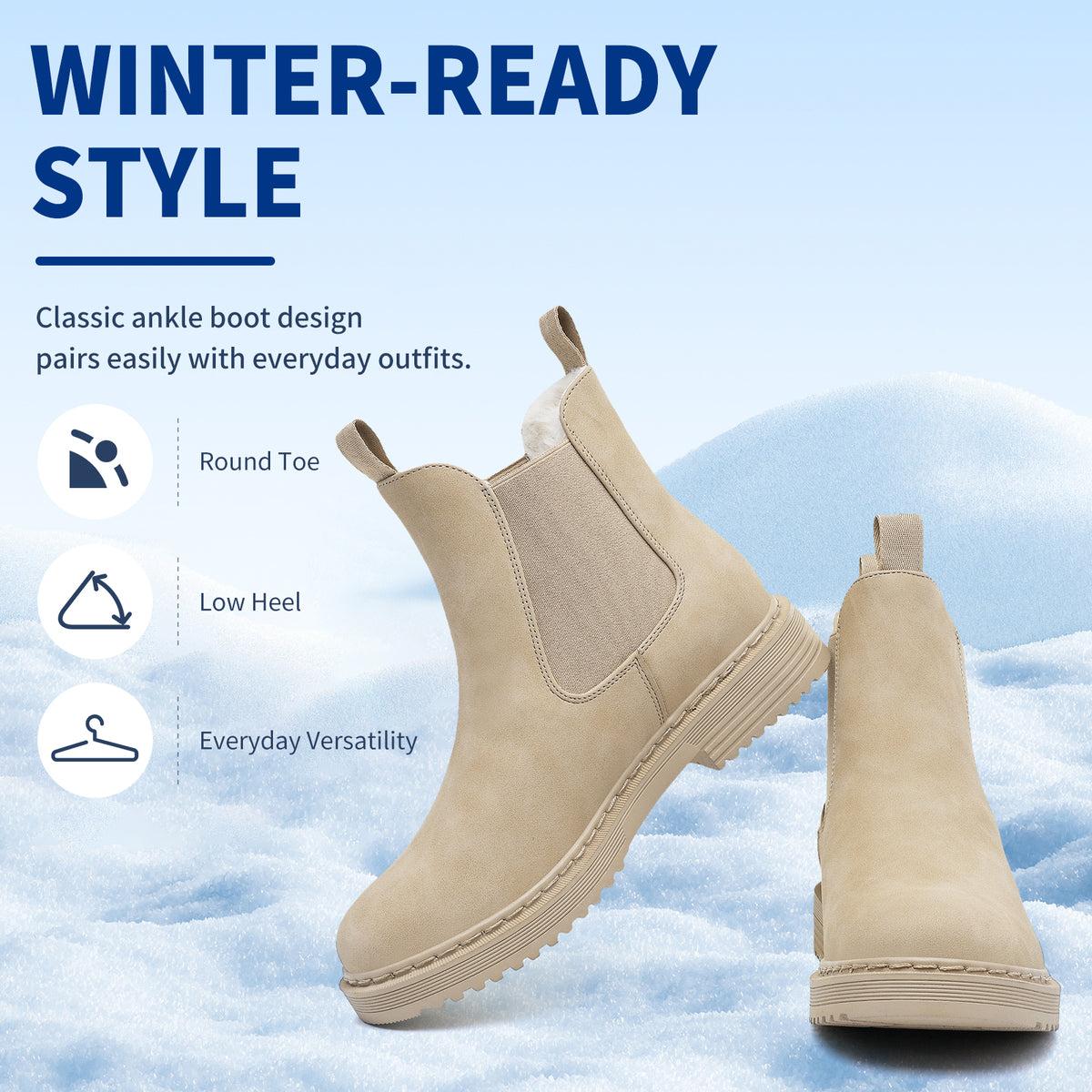 Women’s Chelsea Boots Winter Ankle Boots Faux Fur Lined Slip On Booties with Removable Warm Insole and Non Slip Rubber Lug Sole