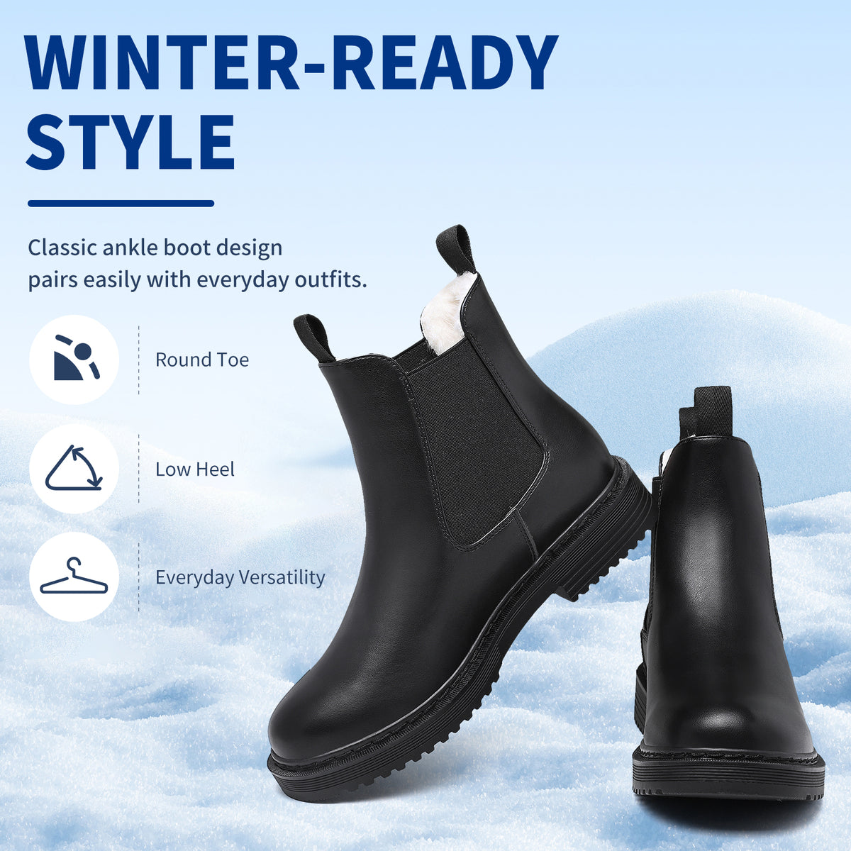 Women’s Chelsea Boots Winter Ankle Boots Faux Fur Lined Slip On Booties with Removable Warm Insole and Non Slip Rubber Lug Sole