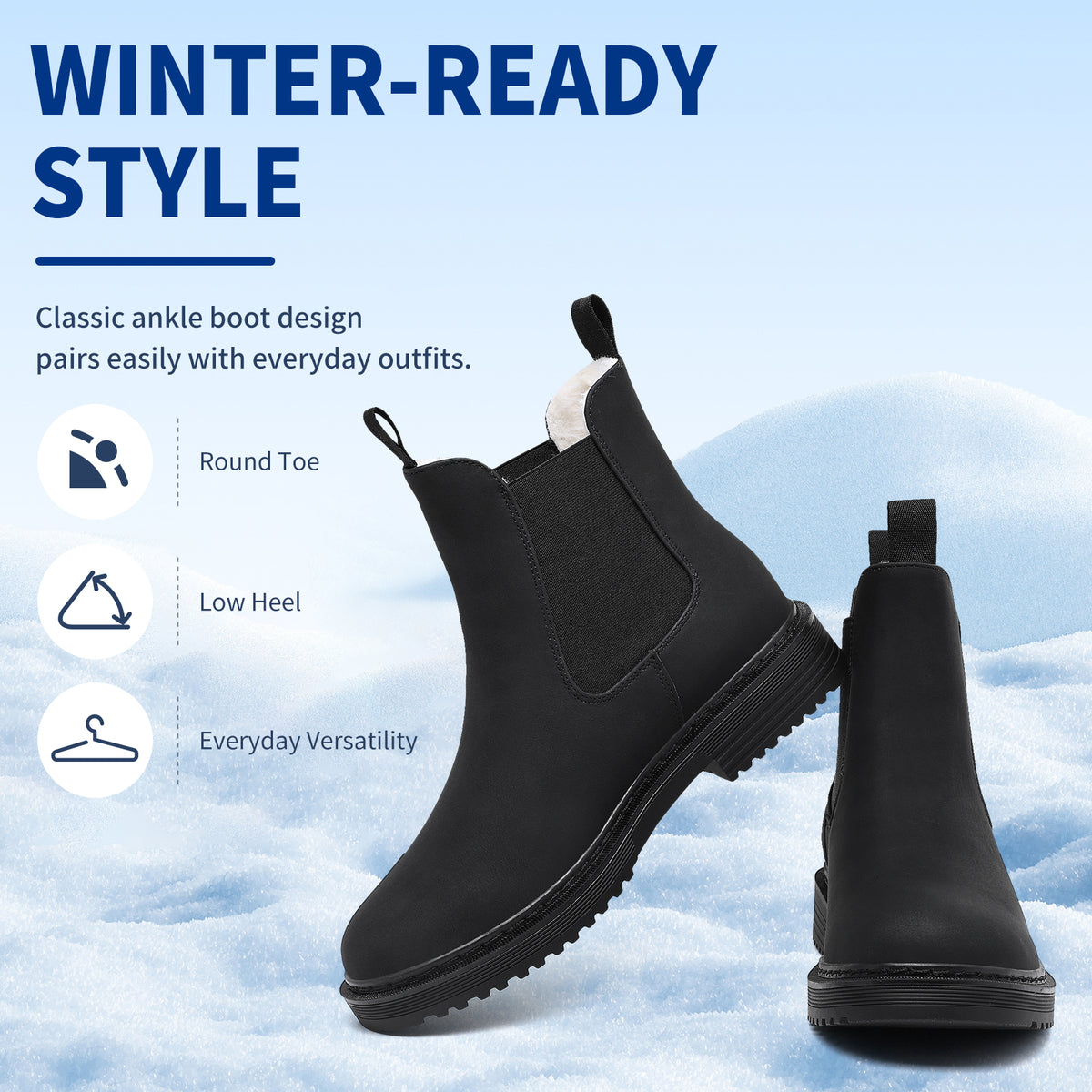 Women’s Chelsea Boots Winter Ankle Boots Faux Fur Lined Slip On Booties with Removable Warm Insole and Non Slip Rubber Lug Sole
