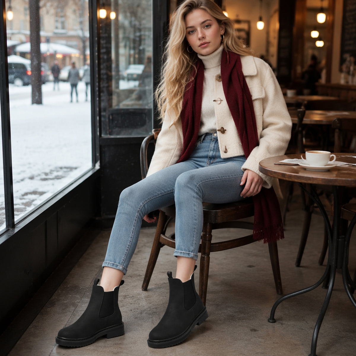 Women’s Chelsea Boots Winter Ankle Boots Faux Fur Lined Slip On Booties with Removable Warm Insole and Non Slip Rubber Lug Sole