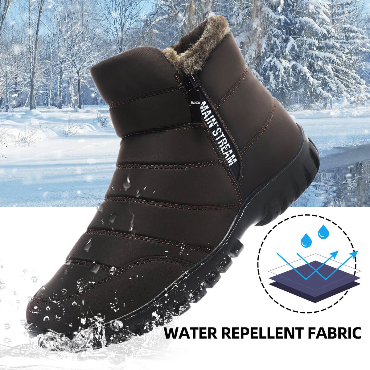 Mens Winter Snow Boots Fur Lined Warm Ankle Boots Zipper Closure Waterproof Outdoor Boots Men's Lightweight Comfortable Shoes